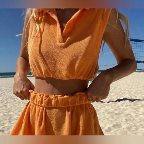 Araminta James Size XL Sleeveless Cropped Terry Polo Shirt Top In Mango NEW!! - Picture 2 of 8